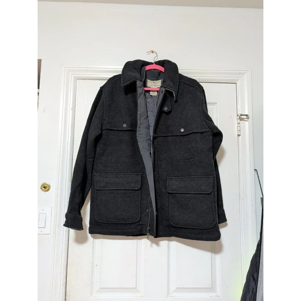 L.L. Bean Wool Field Pea Coat Jacket Plaid Lined Men's Medium Gray Vintage